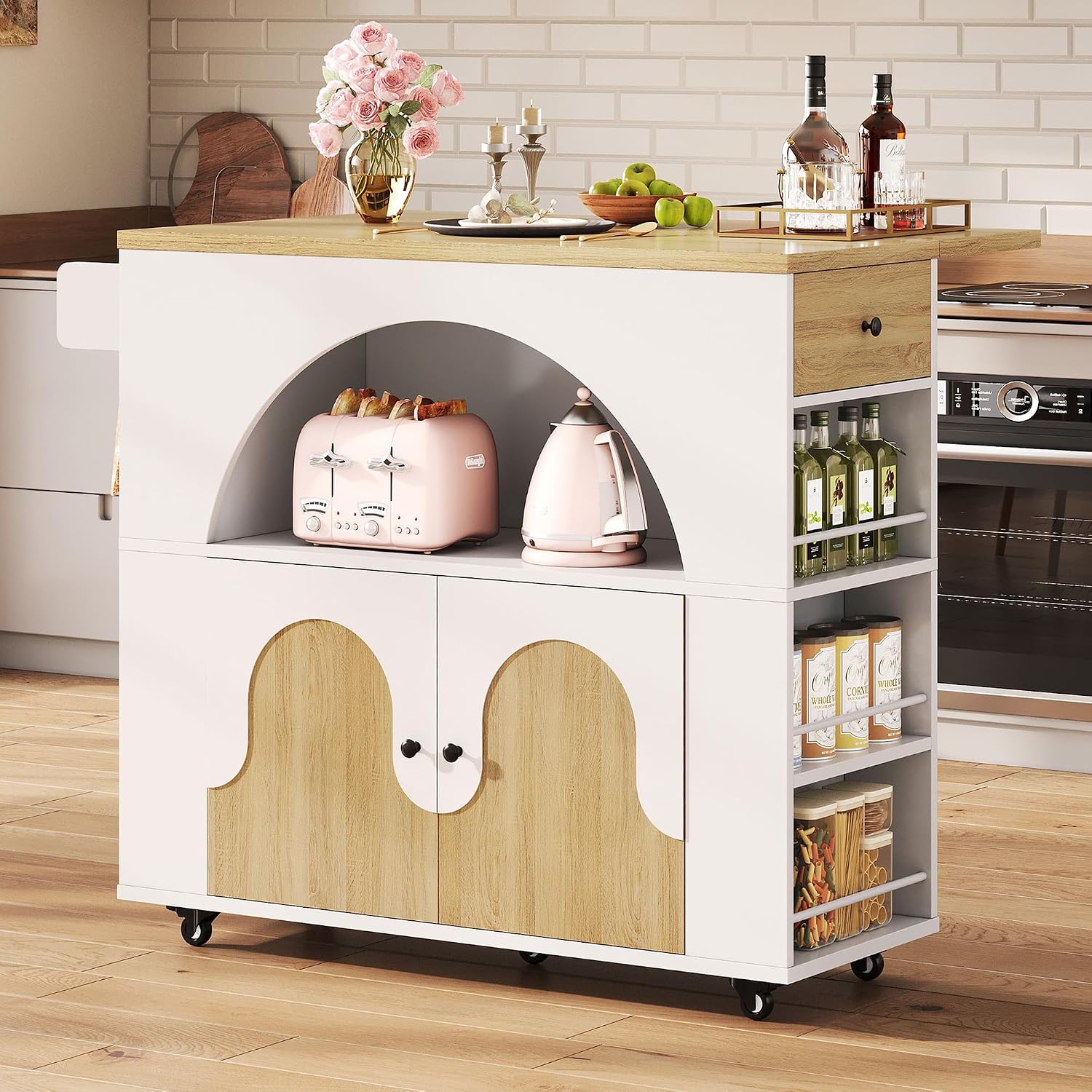 41.3" White Natural Kitchen Island With Drop Leaf