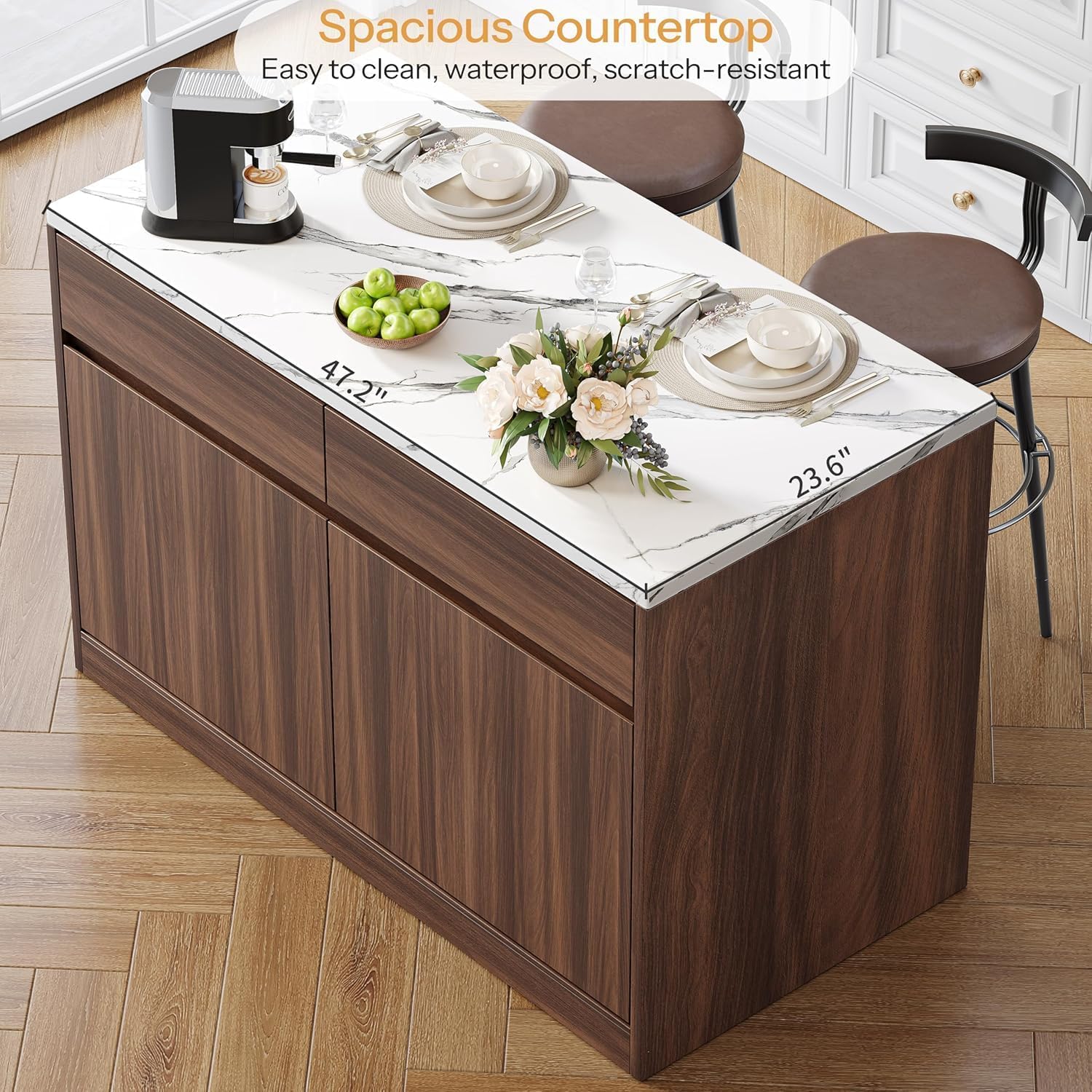 47.2" Walnut Faux Marble Kitchen Island