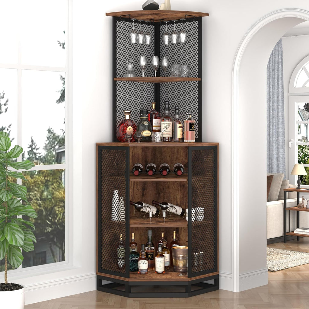 71" Rustic Brown Corner Wine Bar Cabinet