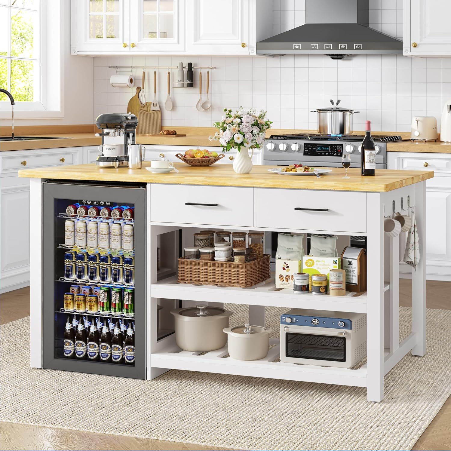 60" White Rubberwood Kitchen Island with Storage
