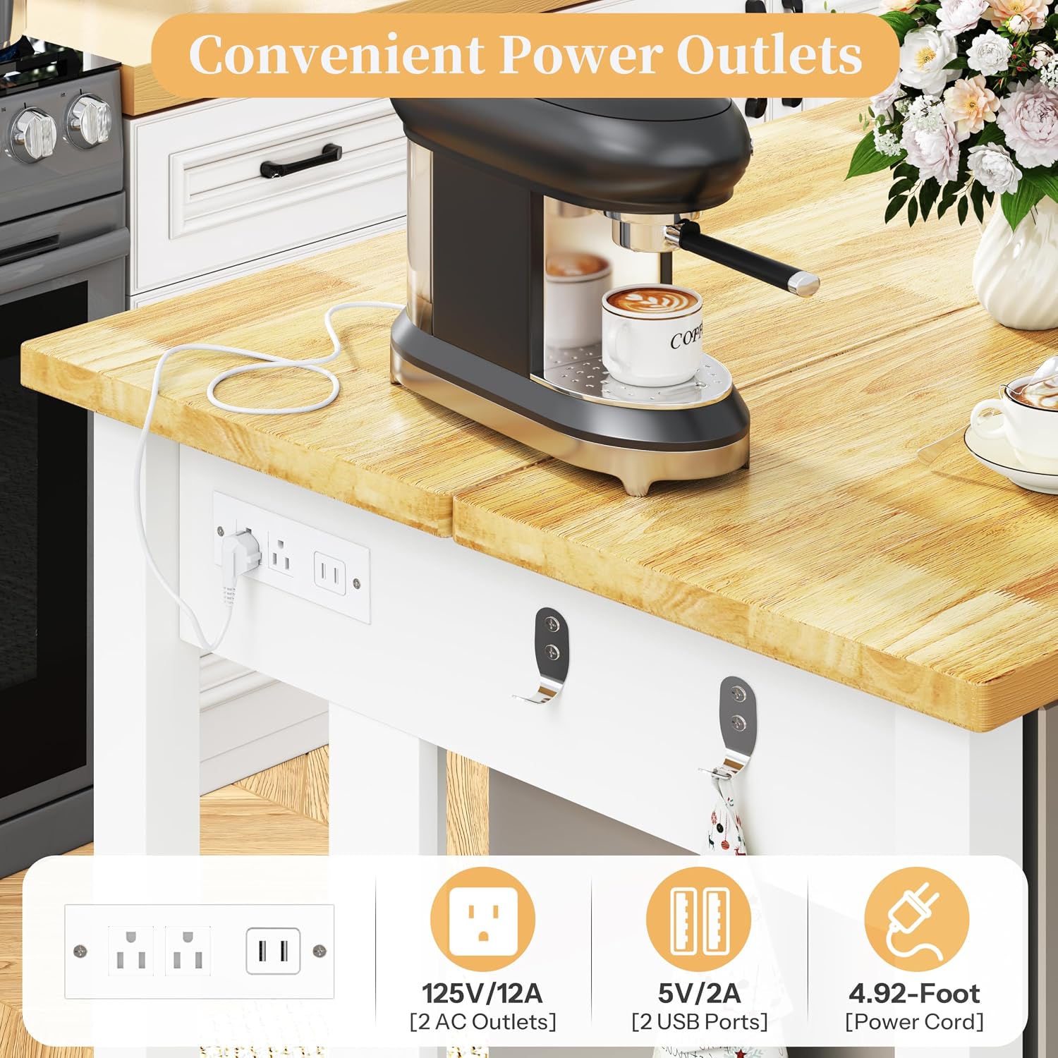 60" White Rubberwood Kitchen Island with Storage