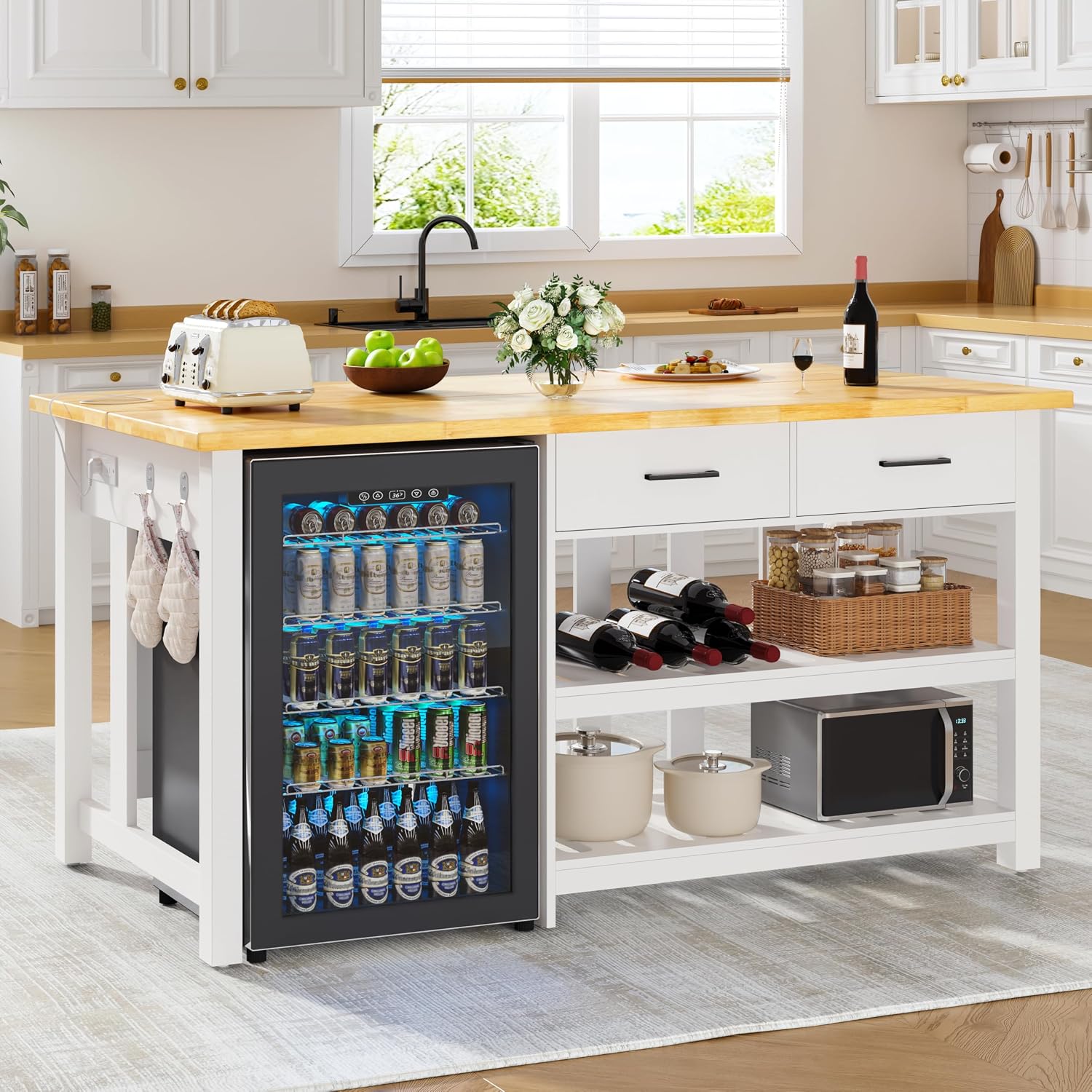60" White Rubberwood Kitchen Island with Storage