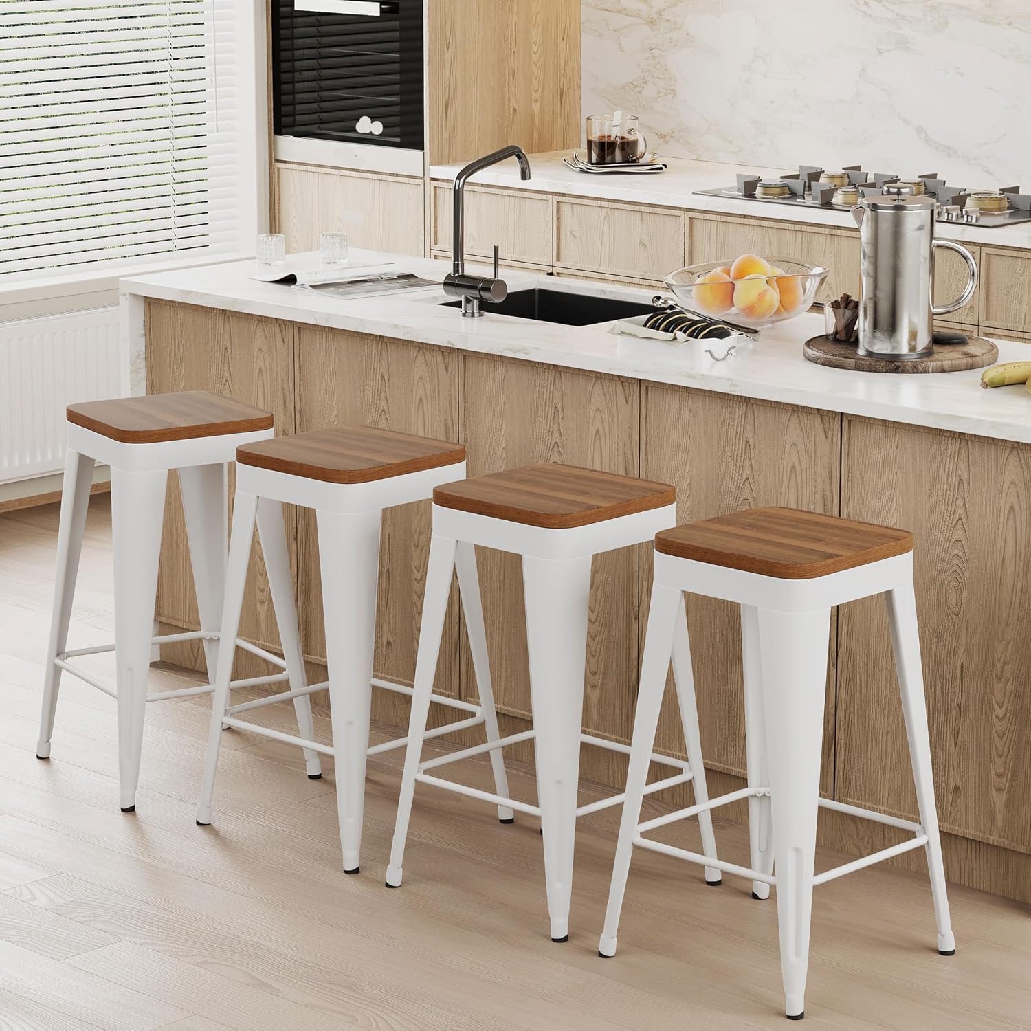 24" Black Metal Wood Seat Backless Bar Stools Set of 4