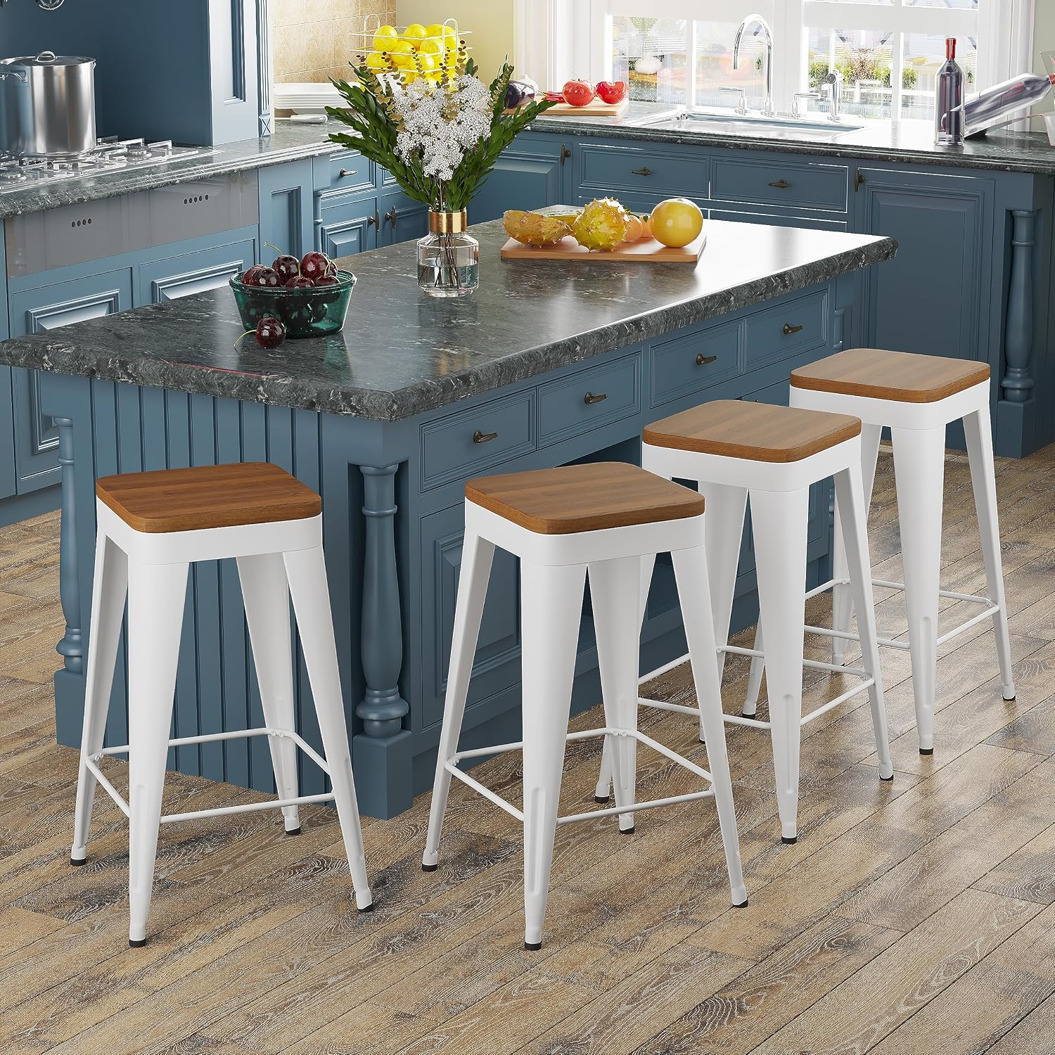 24" Black Metal Wood Seat Backless Bar Stools Set of 4